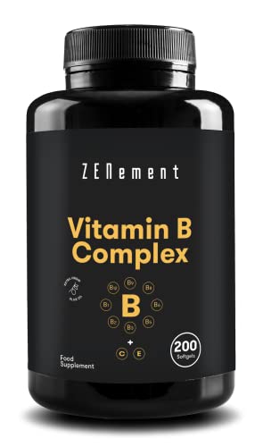 Complejo de Vitaminas B (B1, B2, B3, B5, B6, B12, Biotina y Ácido Fólico) + Vitaminas C y E, 200 Perlas | Energía, Estado de Ánimo, Salud General | con Aceite de Oliva Virgen Extra | No-GMO