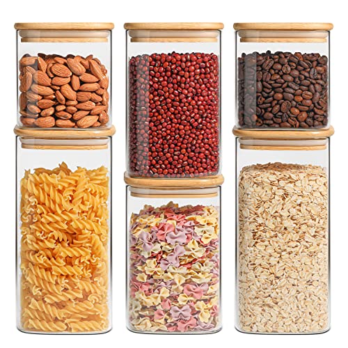 ComSaf Vidrio Alto de Borosilicato Cilindro Hermético Almacenamiento de Alimentos Paquete de 6 Envase Frasco Tarro con Tapa de & Anillo de Sellado de Silicona