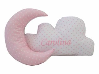 Conjunto Cojines Decorativos para bebé Bordados con el Nombre - Cojines Decorativos Cuna Grabados con Nombre - Cojines Infantiles Personalizados con Forma de Luna y Nube - Estrellas - Rosa - Nenel