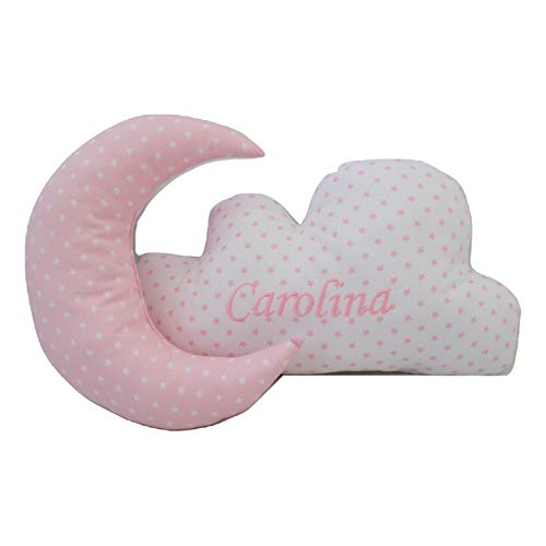 Conjunto Cojines Decorativos para bebé Bordados con el Nombre - Cojines Decorativos Cuna Grabados con Nombre - Cojines Infantiles Personalizados con Forma de Luna y Nube - Estrellas - Rosa - Nenel