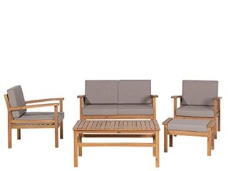 Conjunto de jardín de madera de acacia sólida 4 plazas con mesa y cojines gris pardo