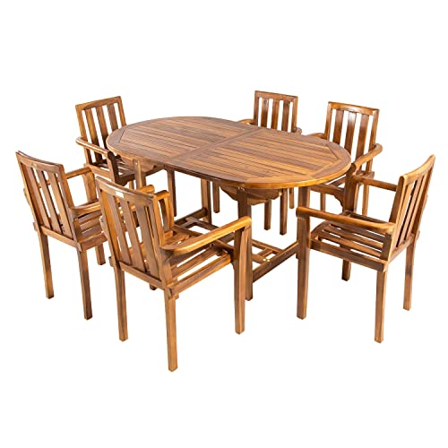 Conjunto de jardín de Madera Teca, Mesa Ovalada Extensible 160/210 cm y 6 sillones apilables, Madera Teca Grado A, Tratamiento al Agua aplicado