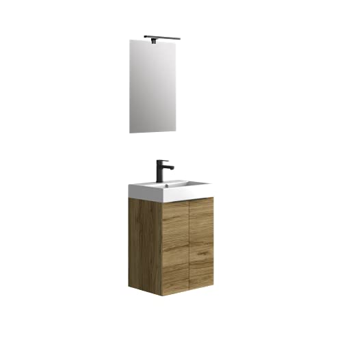 Conjunto De Mueble De Baño 45cm. Suspendido En Pared, con Lavabo y Espejo. Melamina 16. Mueble MONTADO. Lavabo ENCASTRADO Dos Puertas Teka