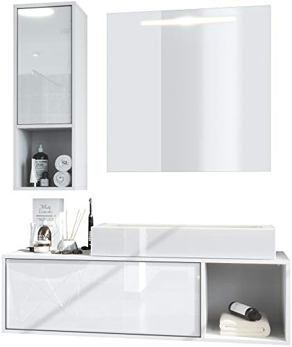 Conjunto de Muebles para baño La Costa, Cuerpo en Blanco Mate/Frentes en Blanco de Alto Brillo con Lavabo y Espejo LED