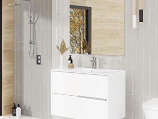 Conjunto Mueble de baño Gavin, 80cm, 2 cajones, suspendido en Pared. Incluye Lavabo cerámico y Espejo con iluminación LED. Acabado Blanco Mate. Se Entrega Montado.