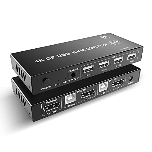 Conmutador DisplayPort KVM 2 Puertos 4K 60Hz Ultra HD, Conmutador Displayport USB, DP USB KVM Switch, 2 Computadoras Comparten 1 Monitor Teclado y Mouse para Laptop PC Xbox HDTV, con Cables