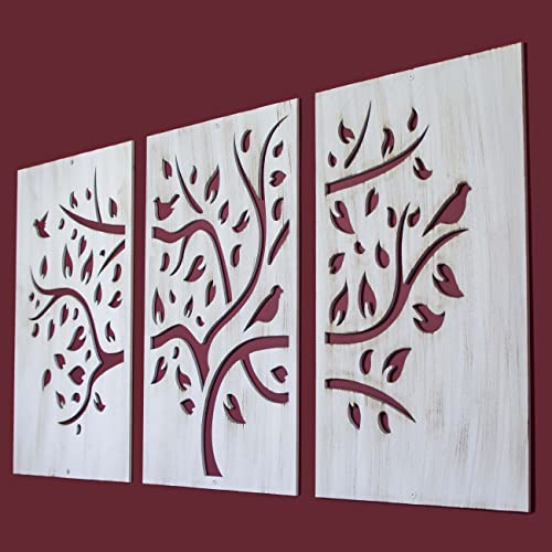 CONTRAXT Cuadros Arbol de la Vida Blanco Vintage. Cabeceros Madera Tallada Mandala arbol de la Vida Cuadros Mandalas Madera Tallada de Pared Cuadros tallados con Relieve Salon (Arbol de la Vida 2, L)