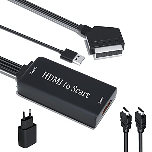 Convertidor HDMI a SCART, Kiyicjk Adaptador de Audio y Video HDMI a SCART 720P / 1080P con Cable HDMI y Adaptador USB para Consolas de Juegos, DVD BLU-Ray, Monitor, Proyector, STB, PS3, PS4
