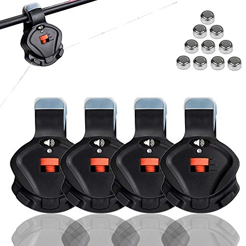 Cooltto 4 pcs Alarma de Pesca Electronico Alerta de Picadura de Pesca Sensible con Luz LED & Interruptor de Sensibilidad y Volumen de Sonido para pescar al aire libre y principiantes en la pesca-Negro