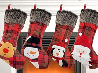 COOLWUFAN - Medias navideñas, 4 unidades, 40 cm, con copo de nieve, reno de Papá Noel, muñeco de nieve y puño de piel sintética de felpa, paquete familiar para Navidad, decoraciones de fiesta familiar