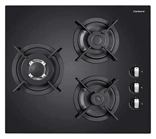 Corberó CPCGV313NCI Encimera Cristal Gas, 3 Zonas, Ancho 60 Cms, Gas Butano, Parrilla de Hierro Fundido y Cristal Templado Negro, Quemador Wok
