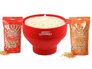 CORN POPPETS | Palomitero para Microondas de Silicona | Recipiente para Hacer Palomitas en el Microondas sin Aceite | Color Rojo + 2 Bolsas de Granos de Maiz Sabor Dulce y Salado