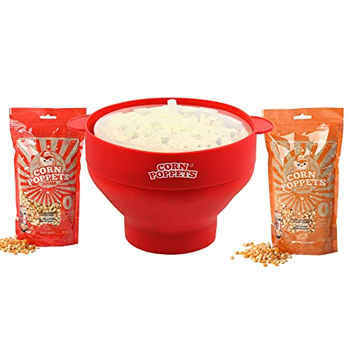 CORN POPPETS | Palomitero para Microondas de Silicona | Recipiente para Hacer Palomitas en el Microondas sin Aceite | Color Rojo + 2 Bolsas de Granos de Maiz Sabor Dulce y Salado