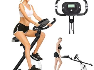 CosHall Bicicleta Estática Plegable, Entrenamiento Aeróbico,Bicicleta de Ejercicio Fitness con Respaldo, Nivel deRresistencia Ajustable, Sensor de Pulso Manual, Pantalla LCD