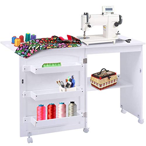 COSTWAY Armarios de Costura Mesa Plegable con Ruedas Mueble para Máquina de Coser (Blanco)