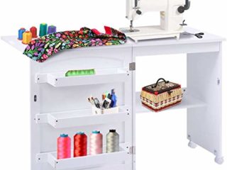 COSTWAY Armarios de Costura Mesa Plegable con Ruedas Mueble para Máquina de Coser (Blanco)