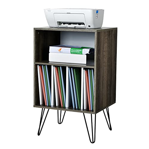 COSTWAY Mueble para Tocadiscos, Armario Tocadiscos con Patas de Metal, Stand para Tocadiscos con 5 Compartimientos Abiertos para Álbumes, Ideal para Salón y Dormitorio (marrón)