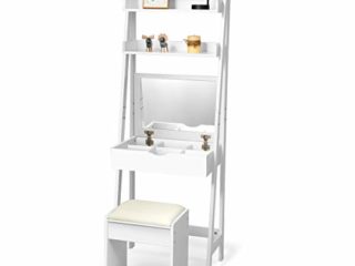 COSTWAY Tocador con Espejo Plegable Taburete y Estantes Mesa de Maquillaje Escritorio para Habitación Dormitorio Blanco