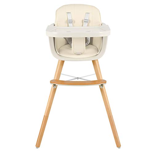 COSTWAY Trona de Bebé de Madera Silla Alta para Comedor con Bandeja Cinturón de Seguridad y Cojín (Beige)