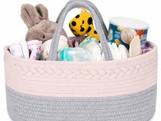COSYLAND Organizador de Pañales para Bebé Multifuncional, Cesta de Almacenamiento de Pañales de Gran Capacidad con Compartimentos Extraíbles, Regalo Ideal de Viaje para Bebés Recién Nacidos, Gris+Rosa