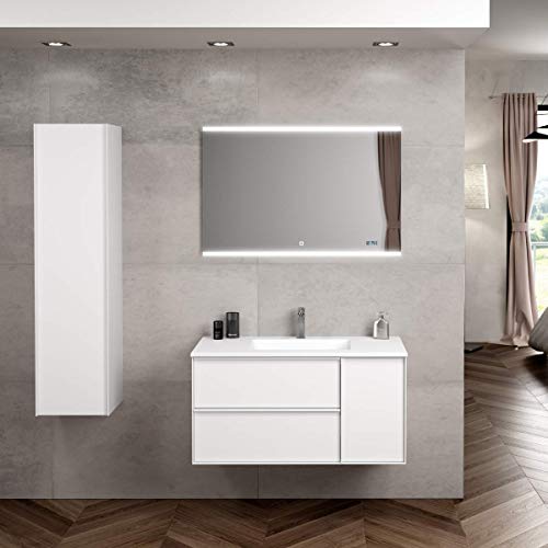 Coycama Mueble de Baño Suspendido con Lavabo Cerámico Oslo| 2 cajones y 1 Puerta con Cierre Amortiguado y Organizador| Guías Hettich Medidas (Blanco Brillo, 120)