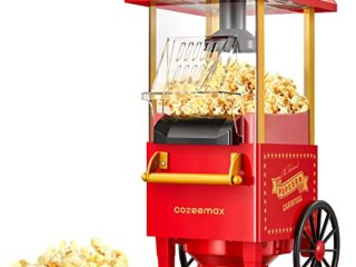 Cozeemax Palomitero, 1200W Vintage Máquina de Palomitas con Gran Capacidad, máquina de hacer palomitas dulces Aire Caliente Sin Grasa AceitaLibre de BPA, Rojo