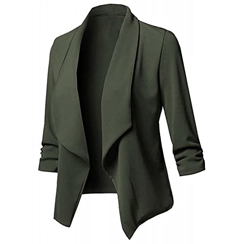 CáRdigan De Mujer Stretch 3/4 Manga Fruncida SóLido Frente Abierto De Manga Larga Blazer Abrigo Chaqueta Blusa Prendas De Vestir