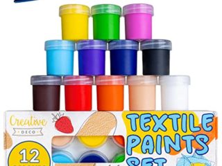 Creative DECO Set de Pintura para Tela Textil Permanente | 12 Colores Vibrantes x 25 ml Algodón, Lino, Denim y Otros Materiales Naturales | 2 Pinceles Incluidos