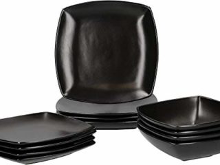 CREATIVE TOPS Raven - Set de Vajilla Cuadrada de 12 piezas para 4 personas, Cerámica, Negro