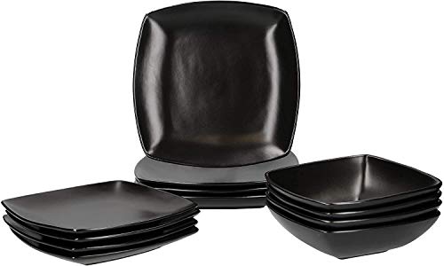 CREATIVE TOPS Raven - Set de Vajilla Cuadrada de 12 piezas para 4 personas, Cerámica, Negro