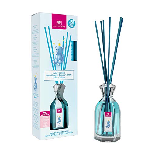 CRISTALINAS. Ambientador Mikado Clásico. Difusor con Varillas de ratán. Formula sin Alcohol. Máxima duración: más de 12 semanas. Capacidad 90ml. Disfruta de tu Aroma Favorito Bebé y Colonia. (90ml)