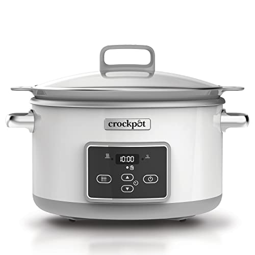 Crock-Pot Duraceramic CSC026X Olla de cocción lenta digital, recipiente compatible con fuego e inducción, 5 litros, Acero Inoxidable, Blanco