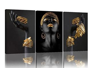 Cuadro artístico de pared de mujer africana, carteles grandes, impresiones de mujer negra con joyería dorada, cuadro de lienzo para decoración de sala de estar