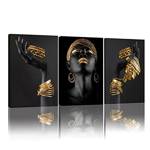 Cuadro artístico de pared de mujer africana, carteles grandes, impresiones de mujer negra con joyería dorada, cuadro de lienzo para decoración de sala de estar
