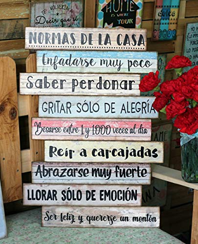 Cuadro de madera con frases y mensajes positivos e inspiradores para decorar el hogar y regalar"Normas de la casa"