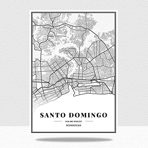 Cuadro En Lienzo,Dominicano Santo Domingo Ciudad Mapa Impresión Negro Y Blanco Minimalista Texto Abstracto Impresión Lienzo Mural Cartel Pintura Estudio Sala De Oficina Decoración del Hogar,50