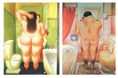 Cuadros de baño Botero sobre Madera/Placas Madera. Set de 2 Cuadros de 19 cm x 25 cm x 4 mm unid. Adhesivo FÁCIL COLGADO. Adorno Decorativo. Decoración Pared hogar