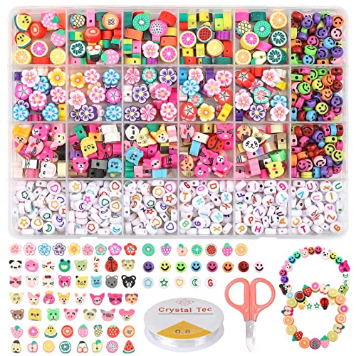 Cuentas de Arcilla Polimérica, 750 PCS Cuentas de Bricolaje para Pulseras para Niños Cuentas Arcilla Polimérica Cuentas de Animales Frutas Flores Letras Carita Sonriente Abalorios para Hacer Pulseras