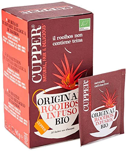 Cupper - Pack de 4 Cajas de 20 Bolsitas de Infusiones Ecológicas Original Roiboos - Propiedades Refrescantes y Digestivas - No Contiene Teína de Forma Natural - Apto para Veganos