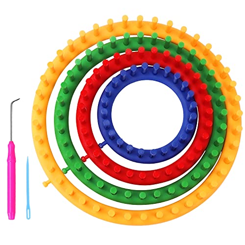 Curtzy Telar Circular de Plástico Set con Aguja y Gancho (Pack de 6) Tamaños de 14, 19, 24 y 29 cm - Telares para Tejer Sombreros, Bufandas y Suéter - Telares para Tejer Adultos y Niños