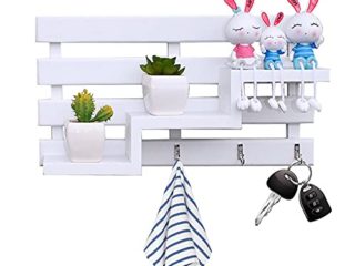 CYJZHEU Colgador de llaves con estante para uso variado - organizador de llaves en metal resistente mate con detalles en madera de nogal - con práctico estante para correo, revistas y celulares