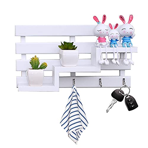 CYJZHEU Colgador de llaves con estante para uso variado - organizador de llaves en metal resistente mate con detalles en madera de nogal - con práctico estante para correo, revistas y celulares