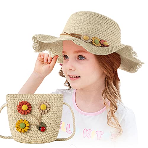 Czemo Sombrero de Paja Niñas Anti UV Gorra de Sol Chica y Bolsillo Set Alas Anchas Transpirable para Viaje Beach Piscina al Aire Libre 3-7 años (Beige) (Beige)
