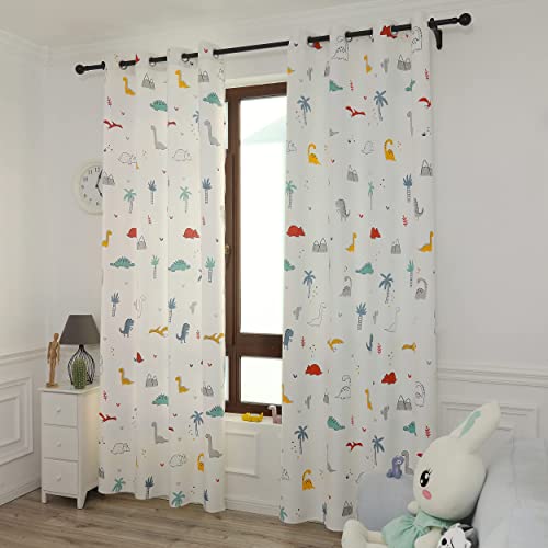 DALINA 2 Piezas Cortina de Dormitorio Infantil Juvenil Dos Paneles de 140x260cm con Ojales Plateados para Sala de Estar Cuarto de Niño Comedor Habitación Patrón de Dinosaurio Blanco
