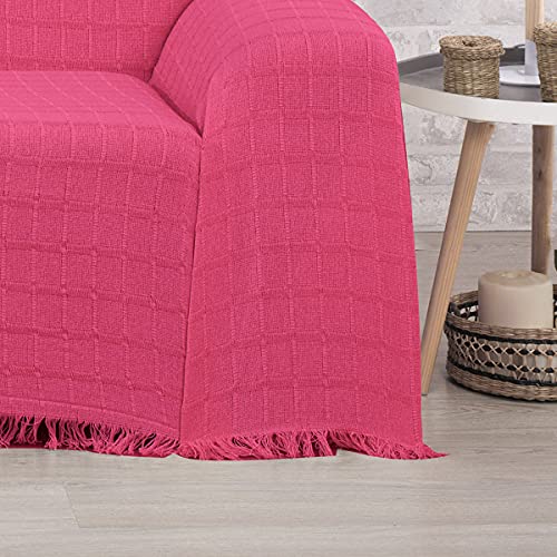 DALINA Colcha Multiusos Sofa,Manta Foulard,Plaid para Cama,Cubresofa Cubrecama,Comoda Practica y Suave. Poliester Algodón con Bordaje de Guadro Fucsia 125X180CM