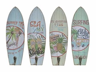 D,casa - Set 4 Cuadro de Pared Madera Perchero Vintage Surf Tropical Aloha 7x22 cm