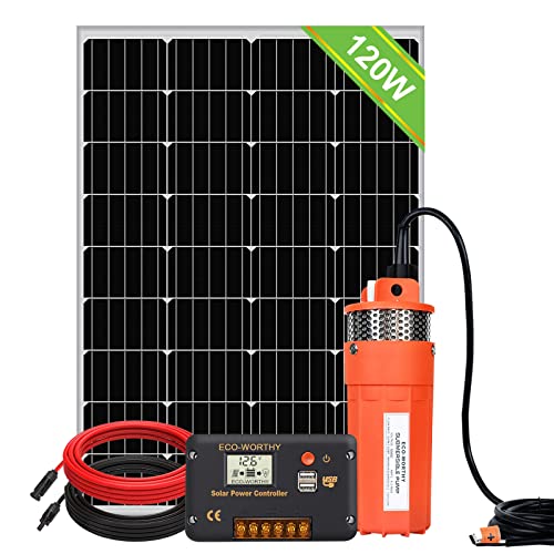 DCHOUSE bomba agua solar Kit De Pozo Profundo 120 W, kit Agua bomba solar De Bajo Ruido De Flujo Grande De 12 V Cc Con Kit De Panel Solar De 120 W Para Riego, Pozo Profundo, 2 paquetes