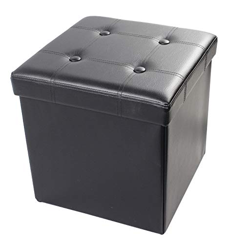 D&D Quality Puff Almacenaje, Asiento Acolchado, 38 x 38 x 38 cm, Plegable - Exterior Polipiel Suave - Carga Máxima de 300 kg (Negro)