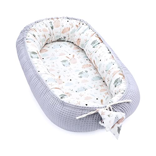 De dos caras Nido bebe recien nacido - Reductor de cuna bebe Algodon waffle Certificado Oeko-Tex 90x50 cm gris