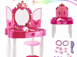 deAO Centro de Belleza Mesita Glamurosa Infantil Tocador de Maquillaje con Espejo, Taburete y Accesorios Incluidos Luces y Sonidos